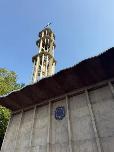 western side of Emperor Friedrich Memorial Church (Kaiser-Friedrich-Gedächtniskirche) in Hansaviertel in Berlin, built in 1957